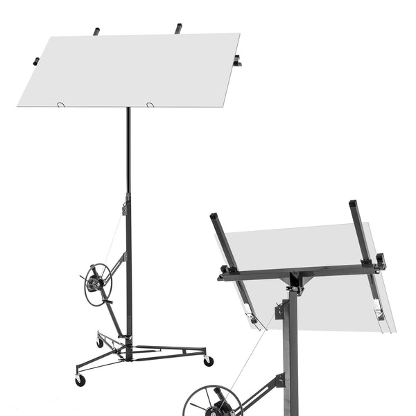Souleve-plaque pliant pour plaques de plâtre : Portée 68 kg, Hauteur réglable 180-470 cm, 3 roues freinables, Inclinaison 60°, Gris