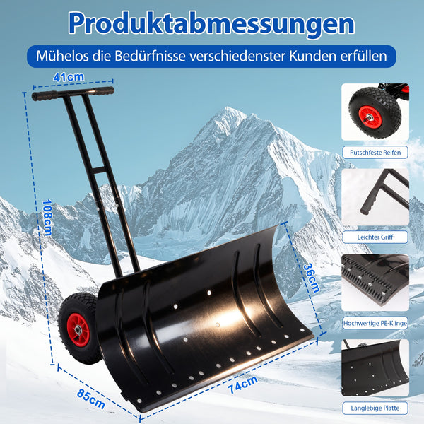 Pelle à Neige à 2 Poignées et Roues - Largeur 74 cm Réglable, 5 Niveaux de Hauteur, Conception Renforcée pour Poussée et Stabilité Maximale